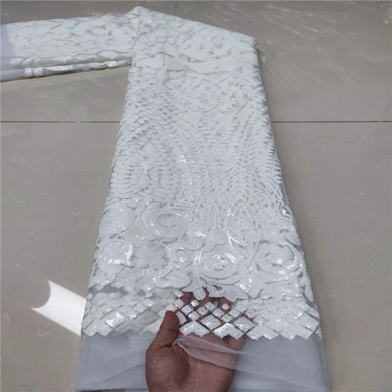 

2021 Latest Pure White African Sequin Lace Fabric Embroidery French Mesh Lace Fabric With Sequins Nigerian Tulle Lace For Party