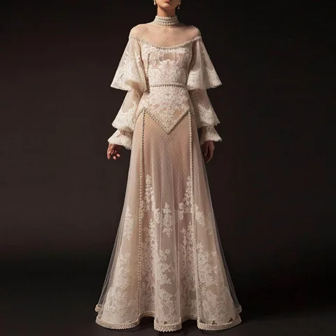 Вечерние платья с рукавом, платье цвета хаки, арабское женское длинное платье, вечерние платья, кружевное платье