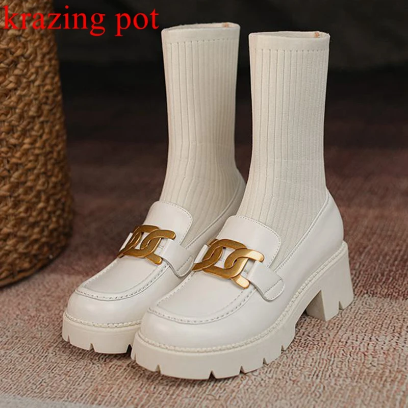 

Krazing pot genuine leather winter round toe metal fasteners sock boots thick high heels chic knitting stretch ankle boots l8f5