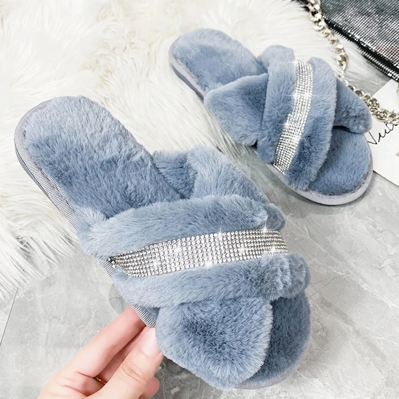 

Ladies Rhinestone Home Slippers Warm Faux Fur Slippers Indoor Flat Slippers Plush Slippers Flat Slippers for Women New 2021