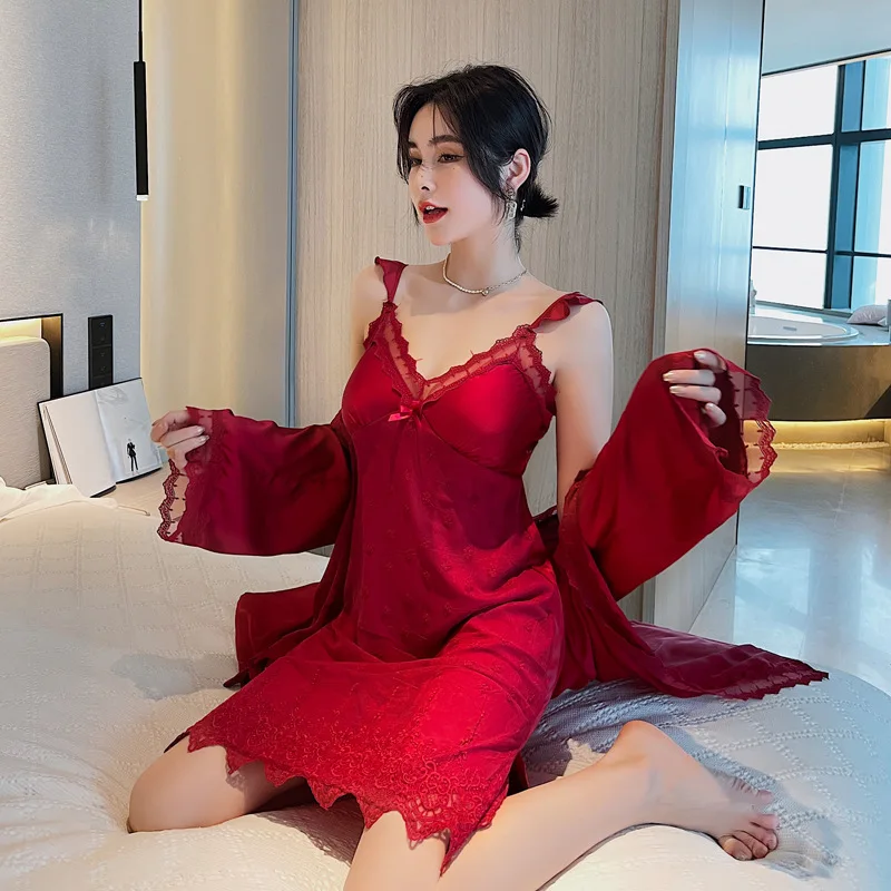 Ice Silk Nightdress Women's Summer Thin 2Pcs Suit Nightgown with Chest Cushion Sling Gowns Robe Home Wear Sexy Sleepwear