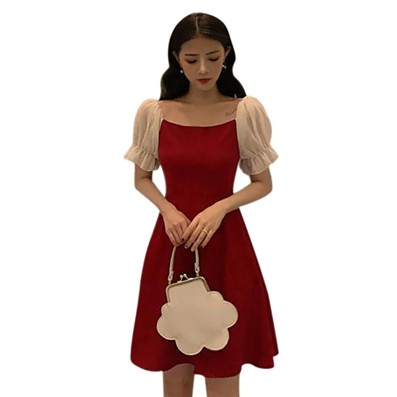 

Женское платье с высокой талией, красное весенне-летнее платье-трапеция, корейские платья с квадратным вырезом