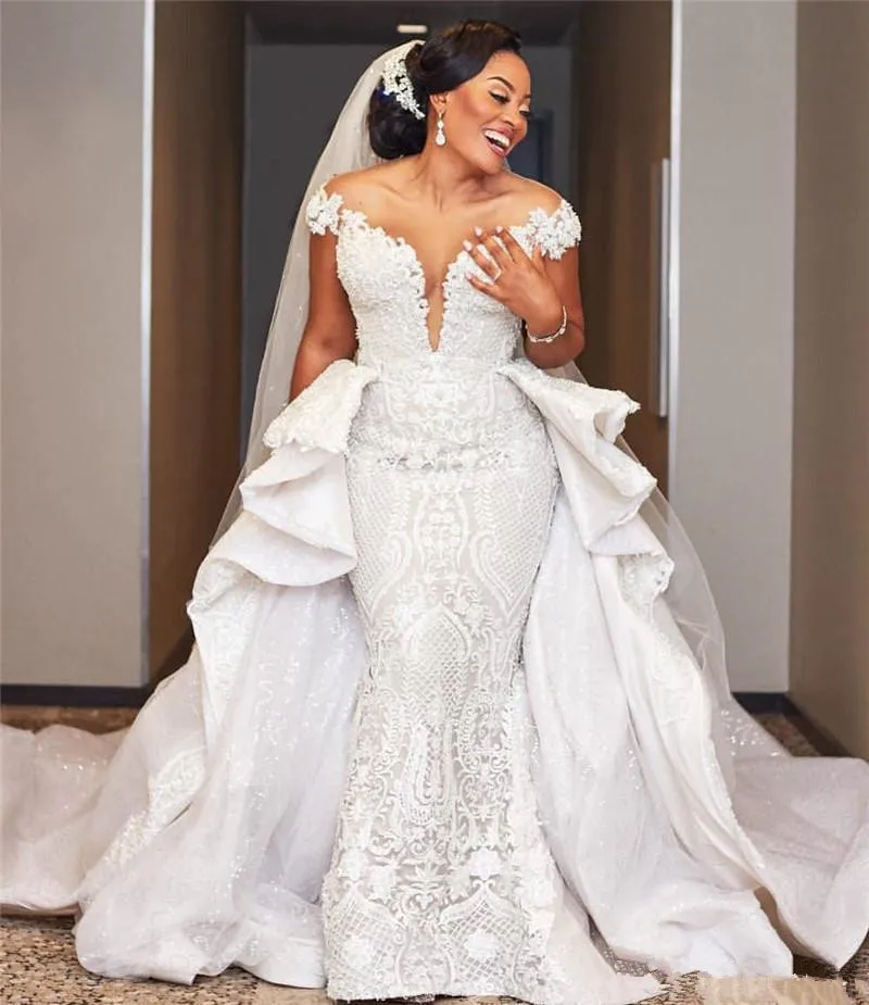 Свадебное платье с открытыми плечами Русалка со съемным шлейфом размера плюс 2020