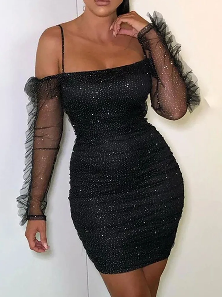 

SKMY New Style Nightclub Fashion Spaghetti Strap Off The Shoulder Long Sleeve Dress Sequined Printed Mesh See-Through Mini Dress