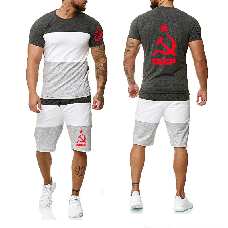 

Summer Men's T-shirt CCCP Russian USSR Soviet Union Printing Short Sleeve Colorblock Cotton Men's T-shirt+shorts 2 Piece Suit