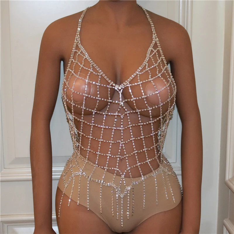 

Handmade Rhinestone Mesh Bodysuit Women for Party Sexy Top Fashion Summer Bikini Fashion Rave Bodies Chain Wholesale Harness