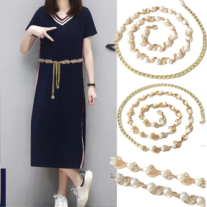 Desinger 2020 New Eegant Leaf Inlaid Pearl Chain Fashion Metal Waist Chain Elegant Temperament Body Chain Bg-1605