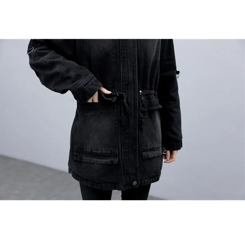 Зимняя джинсовая куртка для женщин с капюшоном средней длины из овечьей шерсти