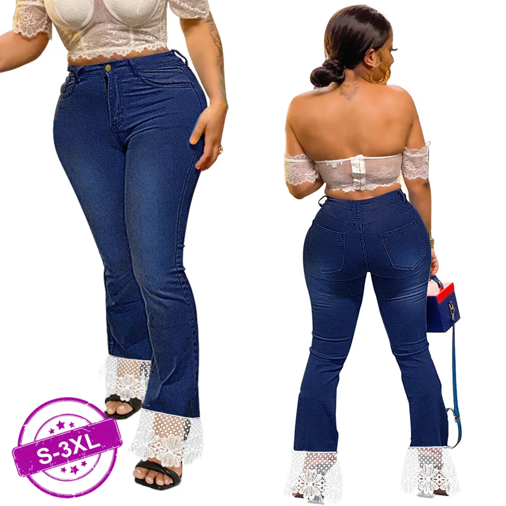 

Casual Slim High Waist Jeans for Women Y2k Patchwork Lace Trousers Blue Skinny Hip Lift Straight Jeans Mom Vintage Flared Pants
