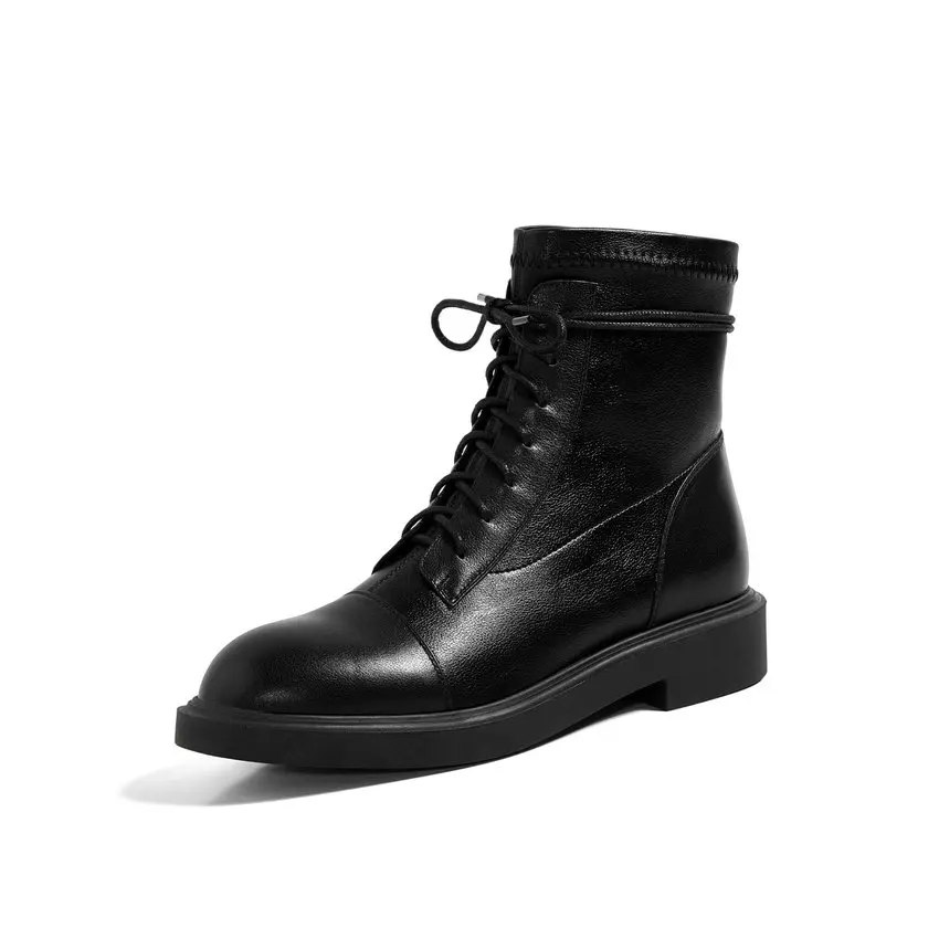 

ESVEVA 2021 Square Med Heel PU+Leather Ankle Boots Western Style Black Women Boots Lace Up Shoes Platform Boots Size 34-39