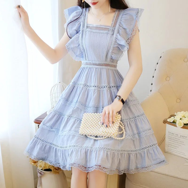 Милое ажурное кружевное шифоновое платье 2019 Лето Для женщин без рукавов с