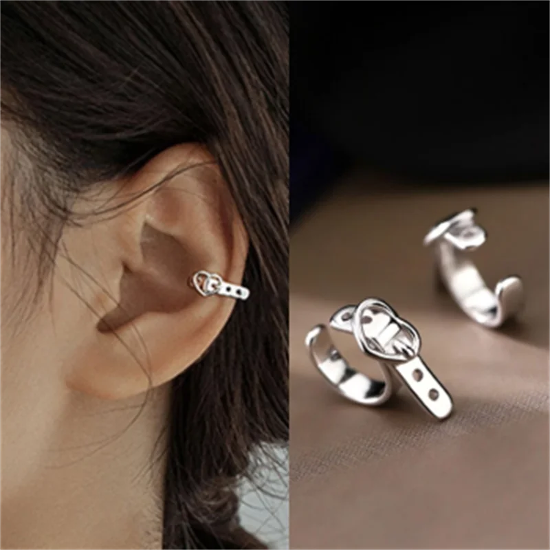 

2021 Korea Fashion Heart Shaped Belt Belt Shape Small Ear Clips Women's Earrings Metal Silver Earrings Aesthetic Wholesale