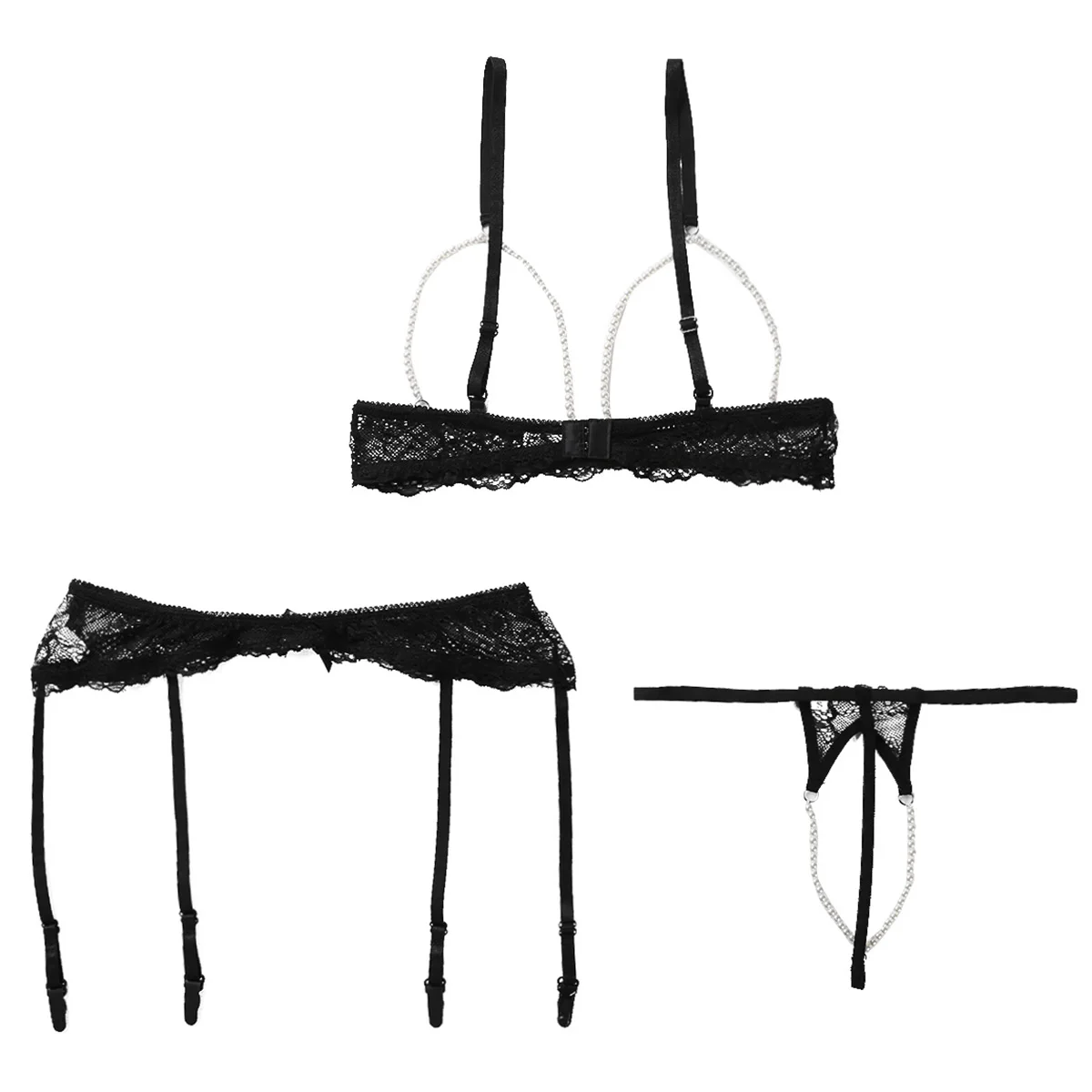 

Women Erotic Lingerie Set Adjustable Straps Open Cups Bra with Garter Belt and Crotchless Pearl Lace G-string Hot Sexy Underwear