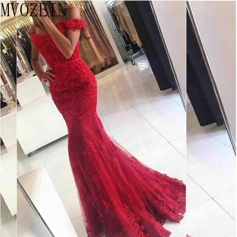 

Vintage Red Mermaid Evening Dresses Long Evening Dress Lace Off The Shouder Formal Gown Party Gowns Vestido de festa