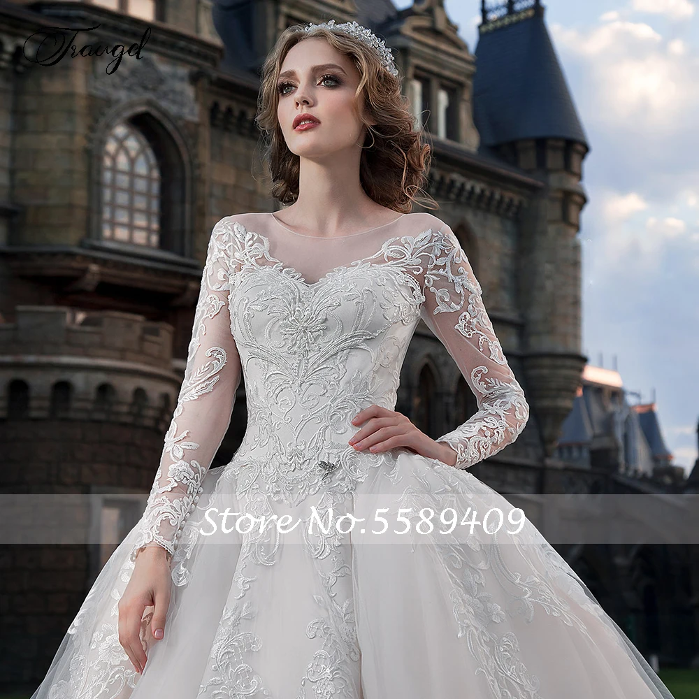 

Traugel Luxury Vestidos De Novia Long Sleeve Ball Gown Wedding Dresses Applique Button Chapel Train Lace Vintage Bridal Gown