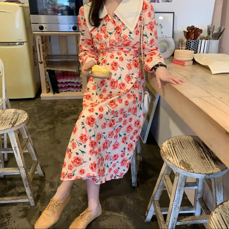 Женское длинное платье с отложным воротником и цветочным принтом Make han edition |