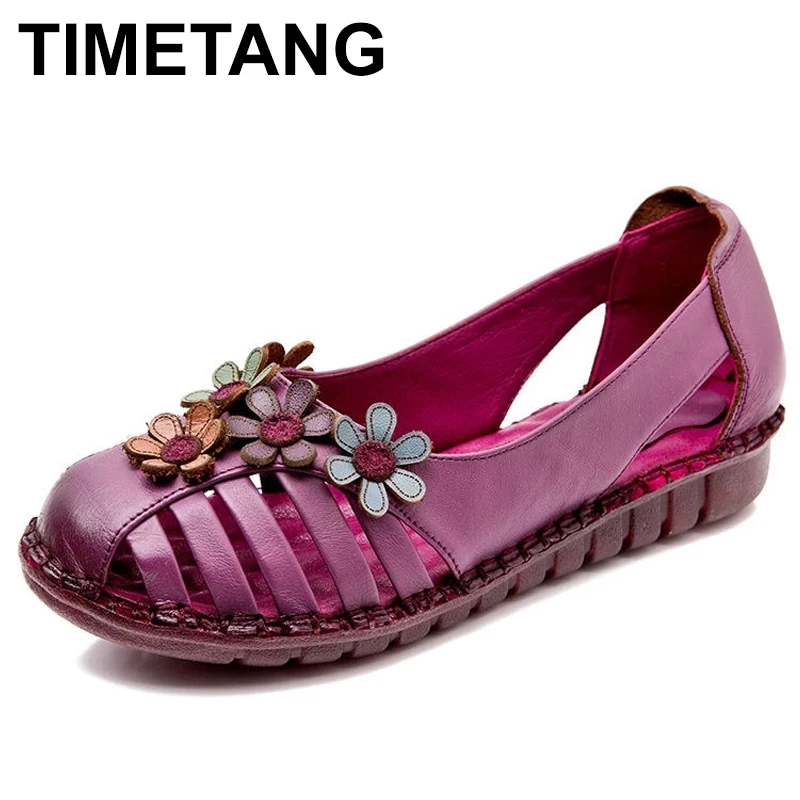 

TIMETANG Large Size Womens Sandals 2021New Summer Cowhide Flowers Retro Sandals Soft Comfortable Flat Leather Sandals Women