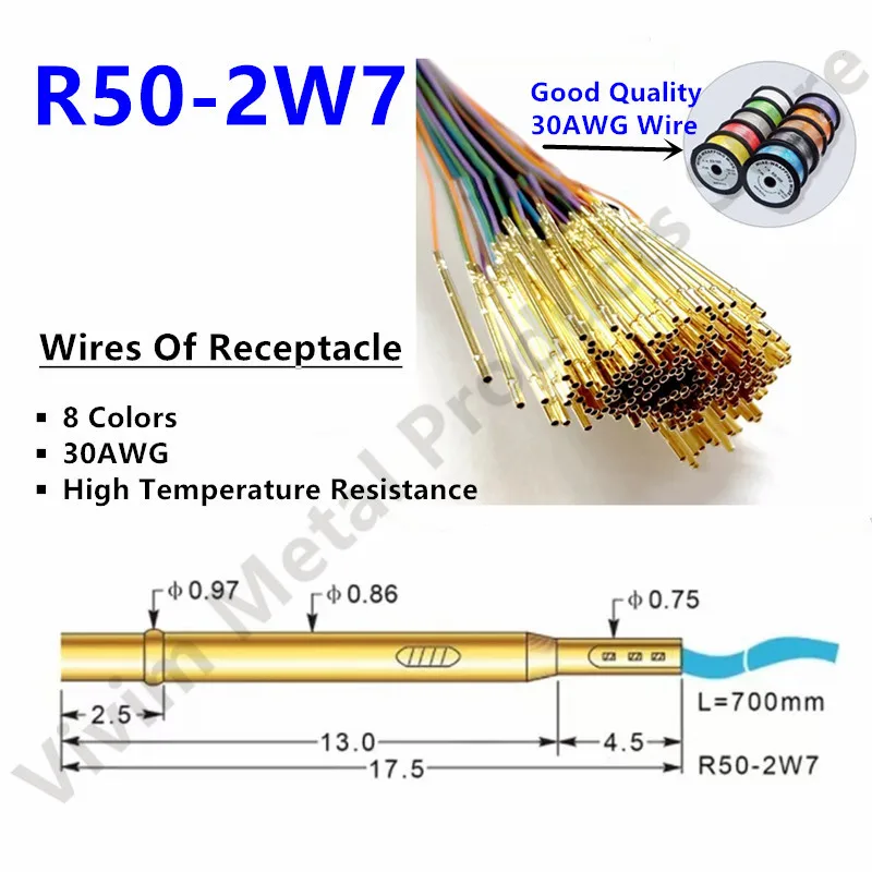 

Socket R50-2W7 Length 17.5mm Spring Test Probe Receptacle Bare PCB Pogo Pin Pre-wired wire 30AWG High temperature resistant wire
