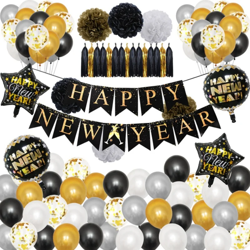 

New Year Party Decoration Happy New Year Letter Pulling Flag Banner New Year's Eve Balloon Decoration Set