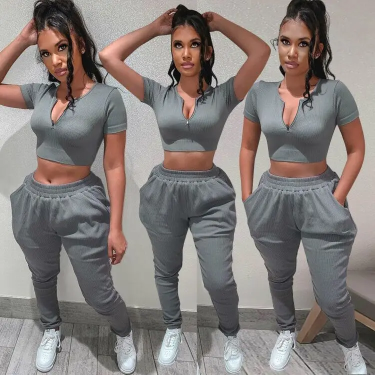 

Women's 2022 Spring And Summer New Fashion Deep Space Gray Leisure Sports Two-piece Suit V-neck Short-sleeved Trousers