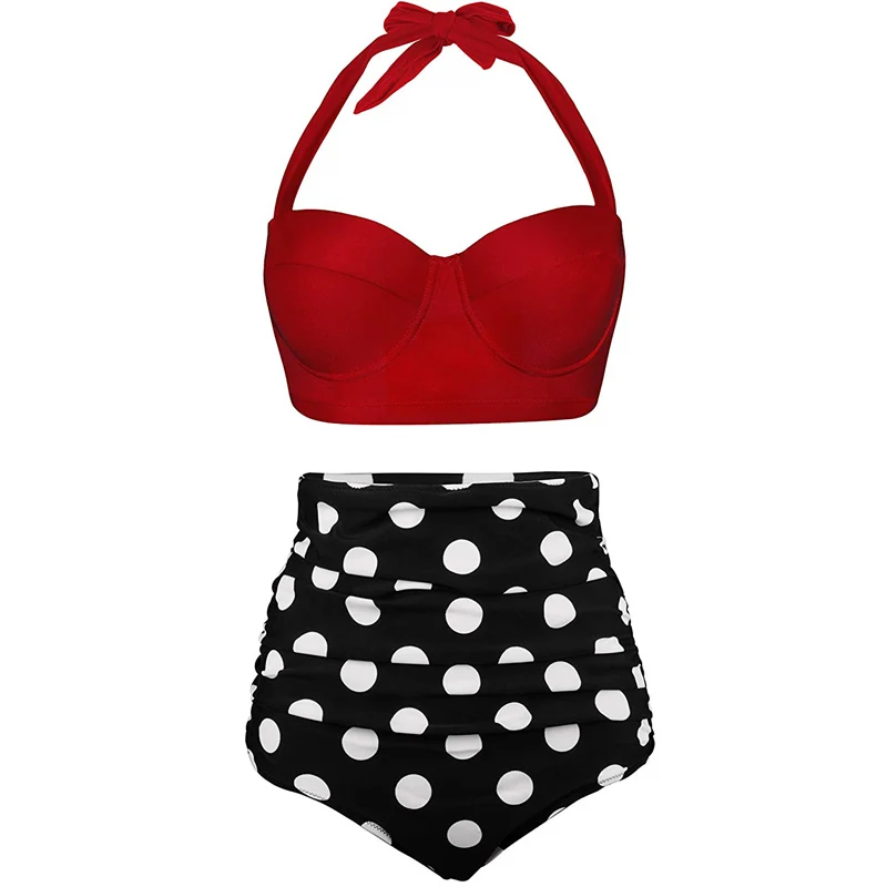 

Women Swimsuits Vintage Bandeau Push Up Polka Dot Plus Size Bathing Suits High Waisted Bikini