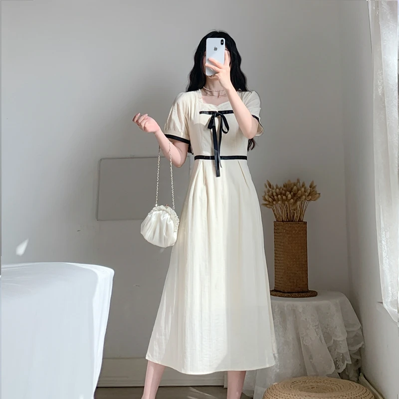 

Женская одежда, новинка, летнее модное винтажное платье с квадратным вырезом и бантом, однотонные женские платья с коротким рукавом