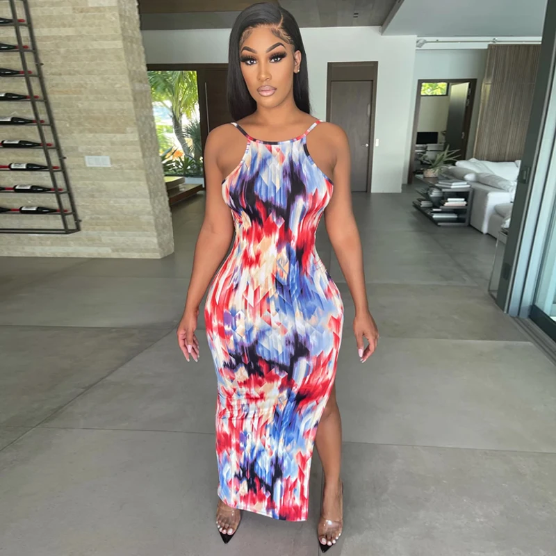 

New Women Sexy Close-Fitting Slit Dress Printed Pattern Round Collar Sleeveless Black Multicolor Outdoors Holidays Seaside Daily