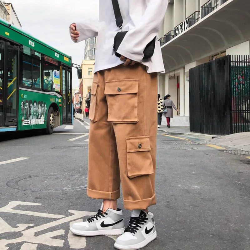

Spring And Autumn Straight Pants Men's Korean Fashion Loose Large Pocket Casual Pants Men Streetwear Wide Leg Pants Men