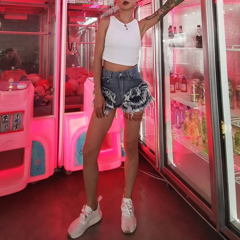 

2020 Summer New Women High waist Fashion Temperament Tassels Decoration Denim Shorts Blue