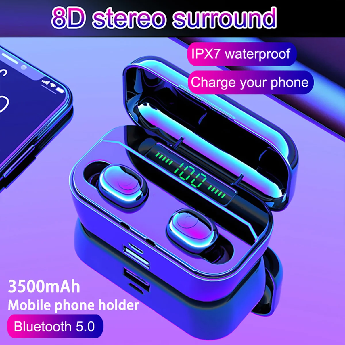 TWS 5 0 беспроводные Bluetooth наушники стерео гарнитура IPX7 Водонепроницаемая 3500 мАч