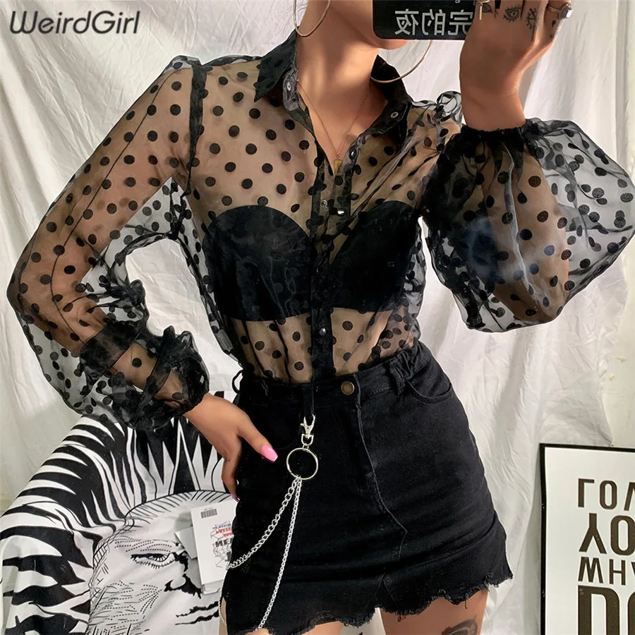 Weirdgirl, женская сексуальная прозрачная футболка, сетчатая, в черный горошек, с принтом, вечерние, для клуба, с отложным воротником, с длинным рукавом, однотонная, летняя, крутая, Новинка