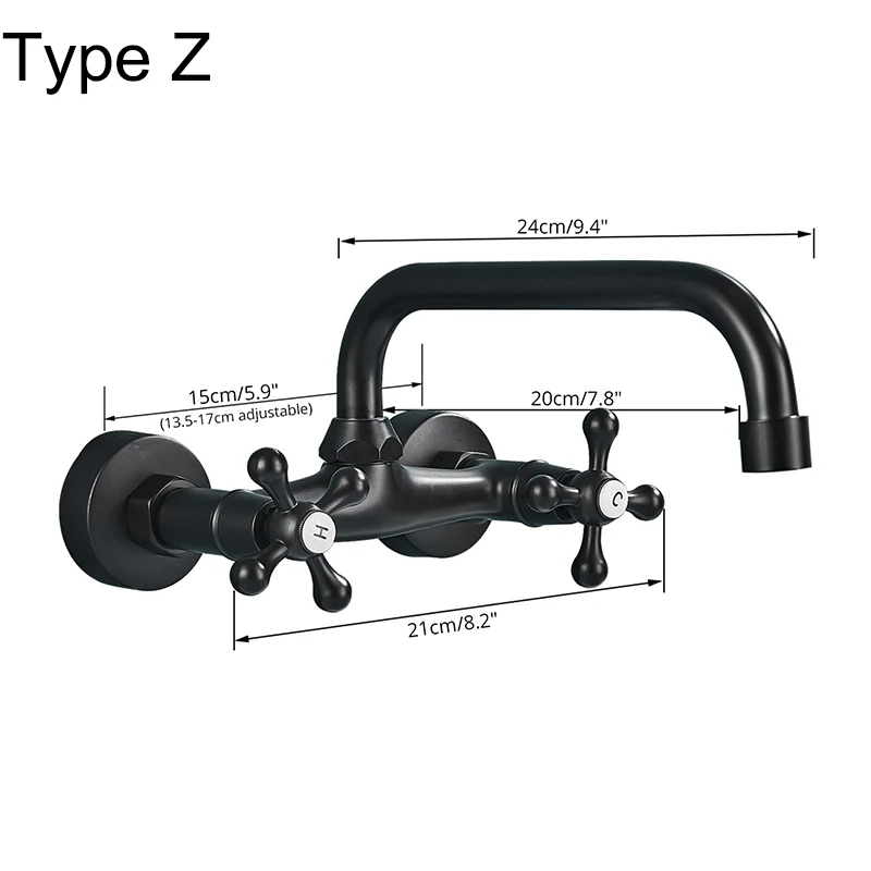 

Wall Mounted Bathroom Kitchen Faucet Dual Handle Brass Antique Hot and Cold Water Tap 360 Swivel Long Spout Kitchen Mixer Tap
