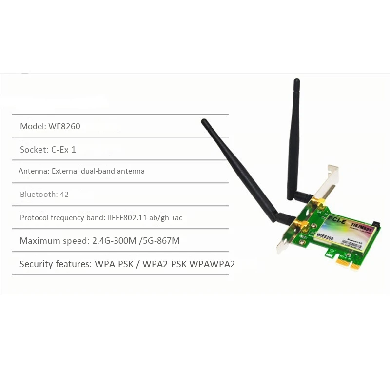 

AC 8260 WIE8260 WiFi Card PCI-E Bluetooth 4.2 Dual-Band 2G/5G 1200Mbps with Dual Antennas Wireless Adapter Network Card