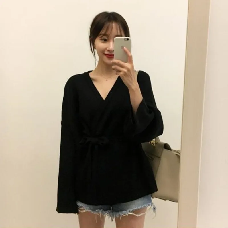 Длинный Повседневный Свободный кардиган с V-образным вырезом вязаная верхняя