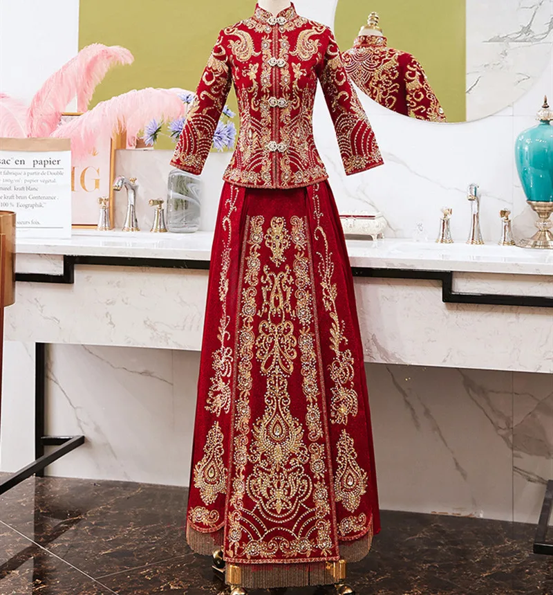 

Chinese Bride Dress Wedding Dress Retro Dress Chinese Cheongsam Dress High Quality Embroidery Long Section Marry Qipao