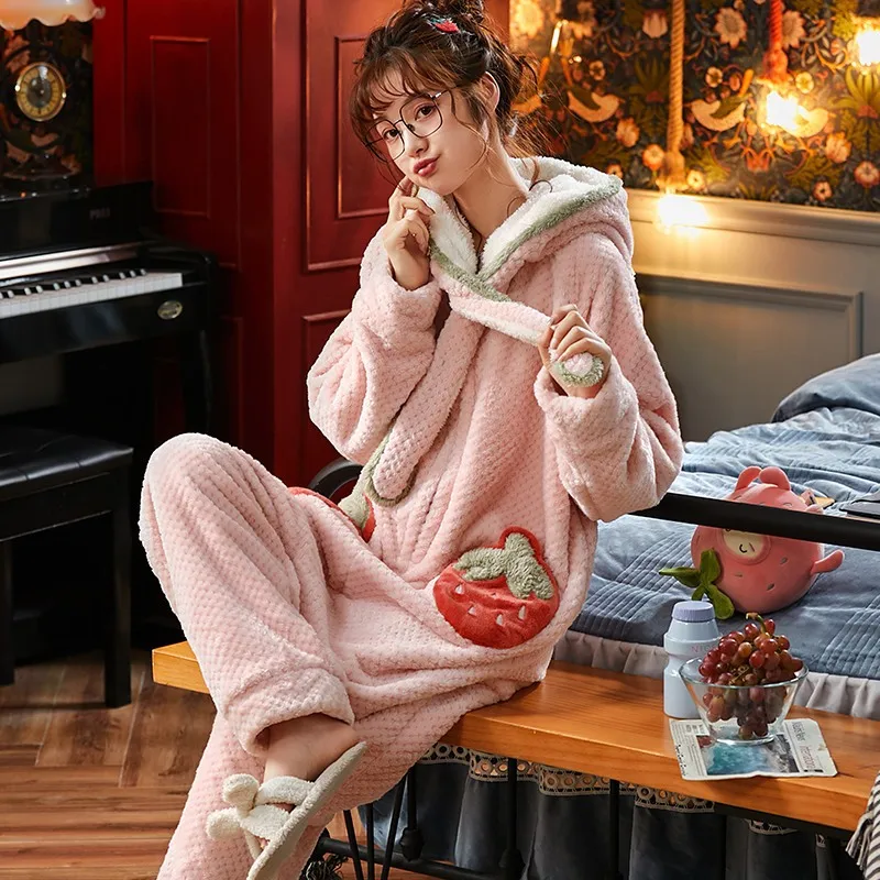 

Winter Hooded Women's Flannel Piece Pajamas Coral Fleece Sweet Strawberry Pink Onesies Thicken Keep Warm Home Sleeping Clothes