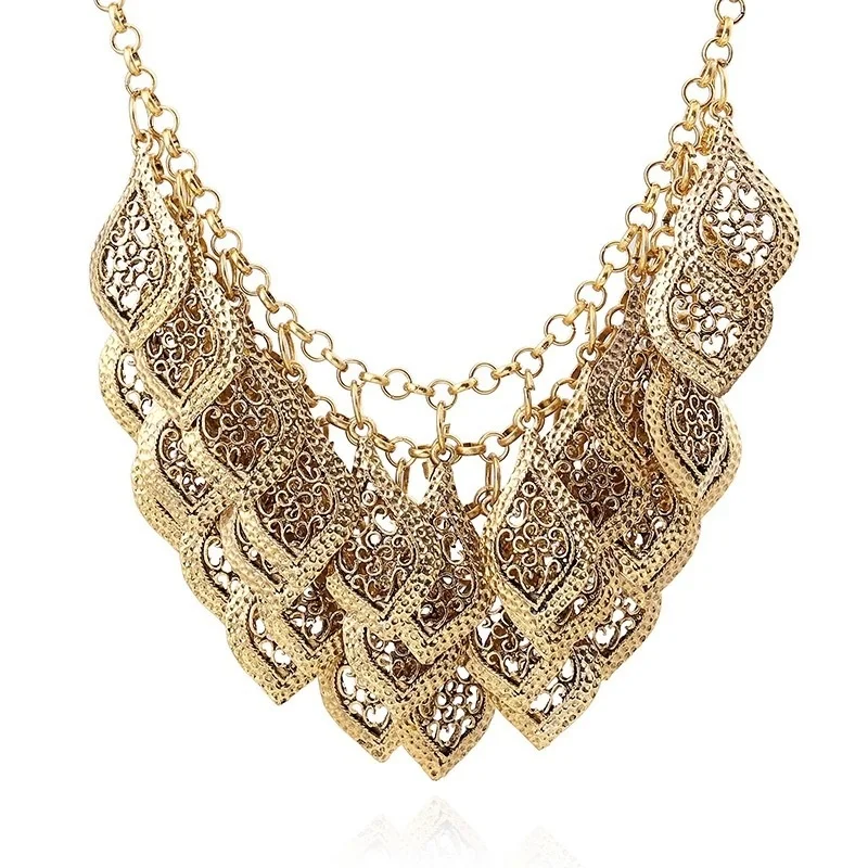 

Vintage Layered Gold Plated Leaves Statement Necklace Chain Collar For Women 2022 Retro Gypsy Bib Chunky Necklace Party Jewlery