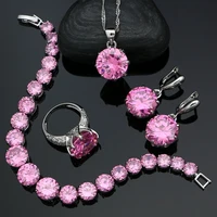 round stones 925 silver jewelry sets for women pink cubic zirconia white crystal earrings pendant ring bracelet necklace kit