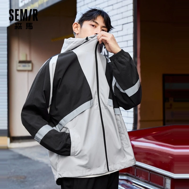 

SEMIR Jacket Men 2021 Spring New Hooded Jacket Hit Color Ins Trendy Reflective Fashion Loose Trendy Clothes