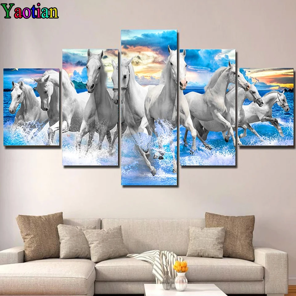 

5D алмазная живопись «сделай сам», 5 панелей, морские беги, лошади, голубое небо, 3d картина стразы, Алмазная мозаика, полная вышивка бусинами