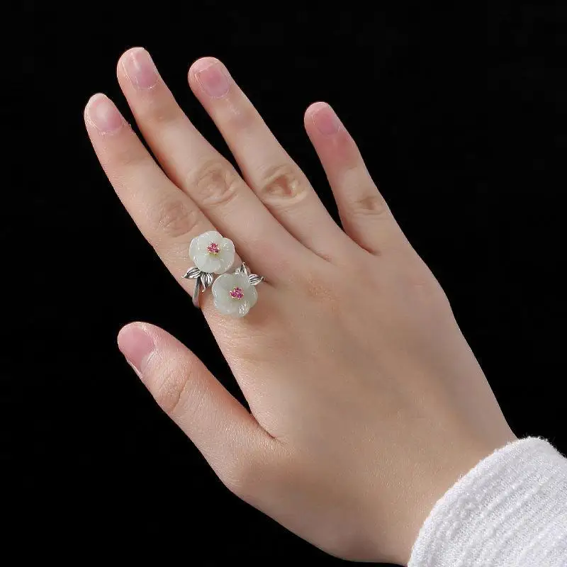 SNew silver inlaid Hetian jade ancient style flowers Chinese  retro fine craftsmanship high sense of charm ladies ring images - 6