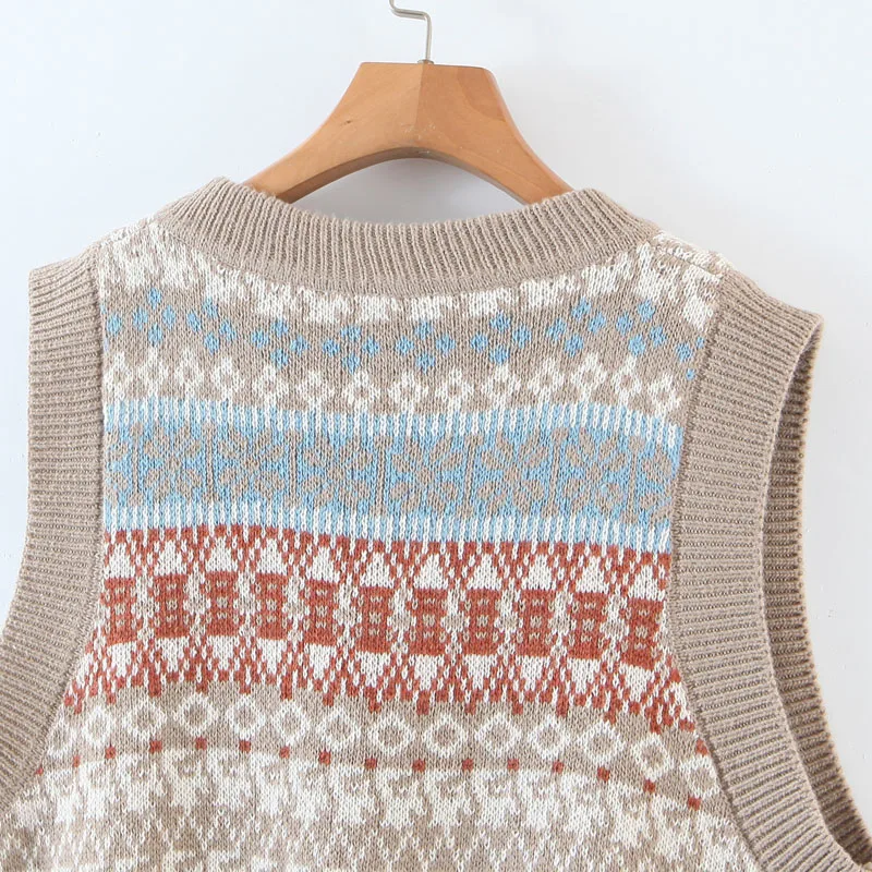 

Vintage V Neck Loose Sleeveless Women's Fashion Plaid Printing External Wear College Style Vest Knitted Tops Chic Female