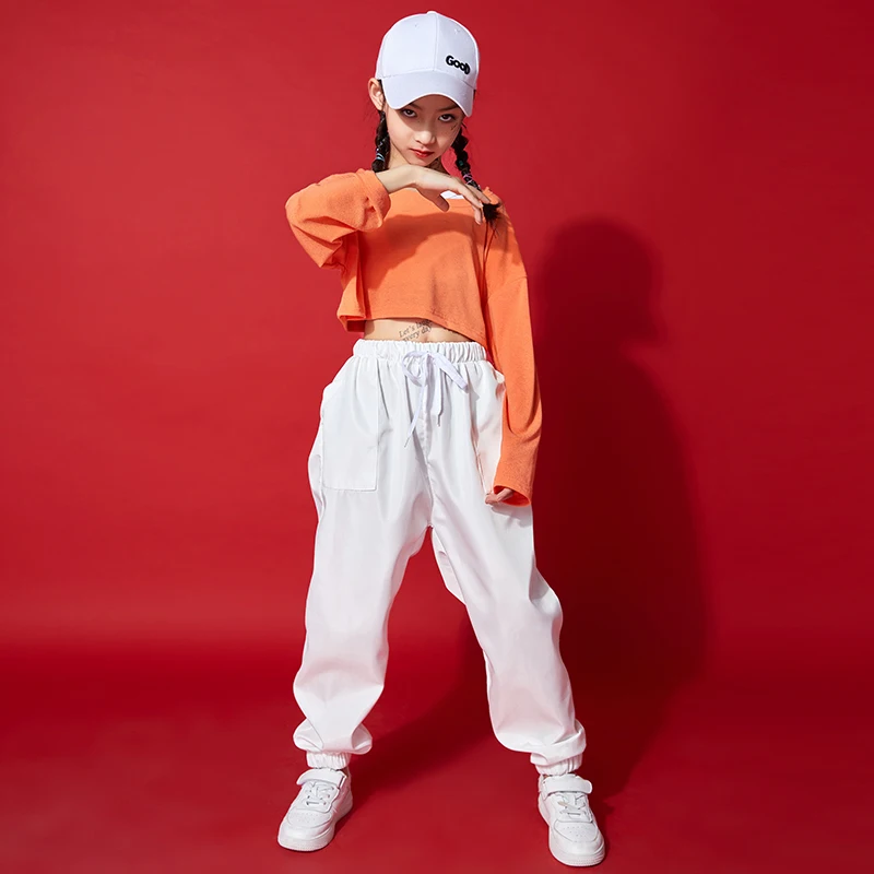 

Children Cool Hip Hop Clothing Street Wear Orange Crop Tops White Jogger Pants Streetwear For Girls Rave Jazz Dance Clothes