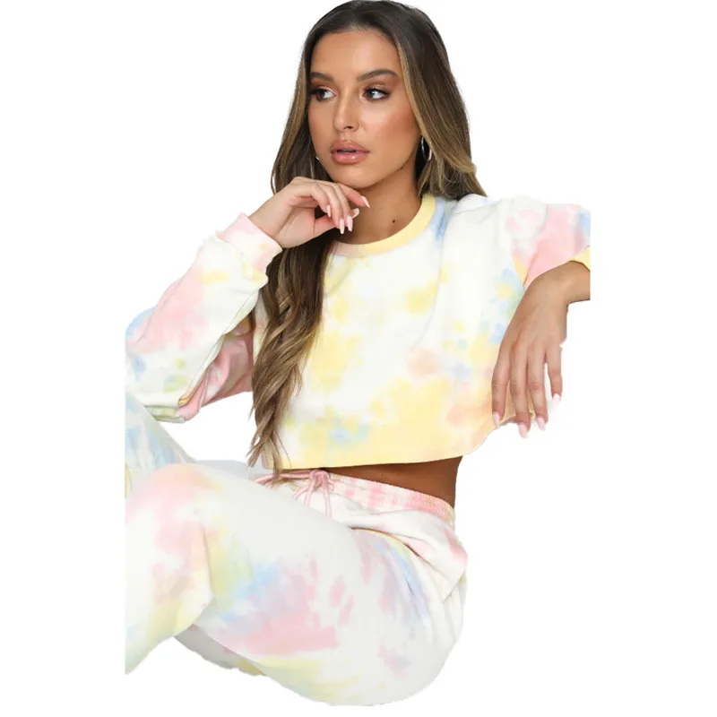 

2 Pieces Suit Set Women Tie-Dye Print Clothing Set Autumn Spring Round Neck Long Sleeve Pullover Crop Top+Trousers Big Size Sets