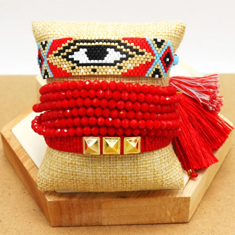 

ZHONGVI Classic Evil Eye Bracelet for Women Jewelry Miyuki Red Beaded Loom Bracelets Rivet Pulsera Mujer Handmade Tassel Gifts