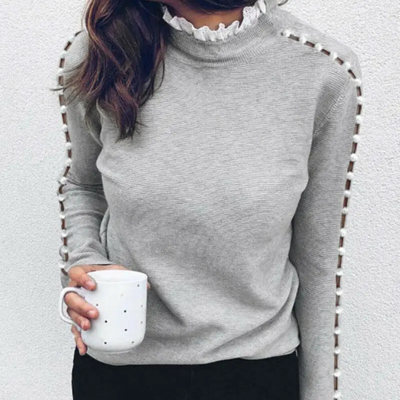 Women High Collar Lace Frill Long Sleeve Casual Tops Fashion Hollow Out Pearl Top Slim Fit Tees Ladies Autumn Warm Tee New | Женская