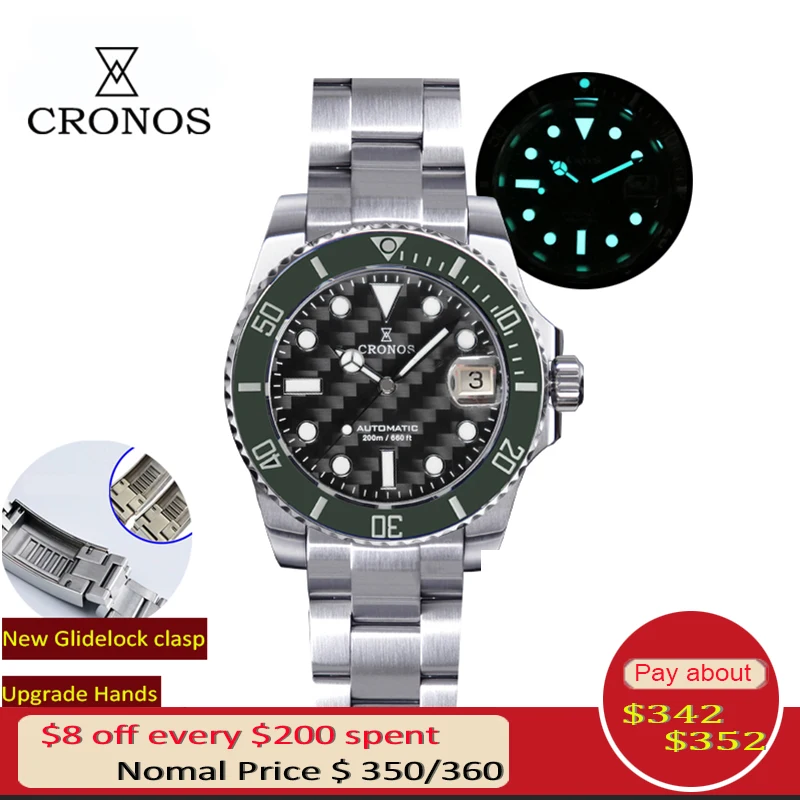 

Cronos Diver Luxury Men Watch Stainless Steel Carbon Fiber Dial Brushed Bracelet Glidelock Ceramic Bezel 20bar Water Resistant