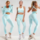 Бесшовные Йога костюм женский спортивный костюм фитнесс Одежда тренажерный зал Комплект Спортивный бюстгальтер с высокой талией леггинсы застежка-молния, спортивная куртка для мальчиков тренировки одежда