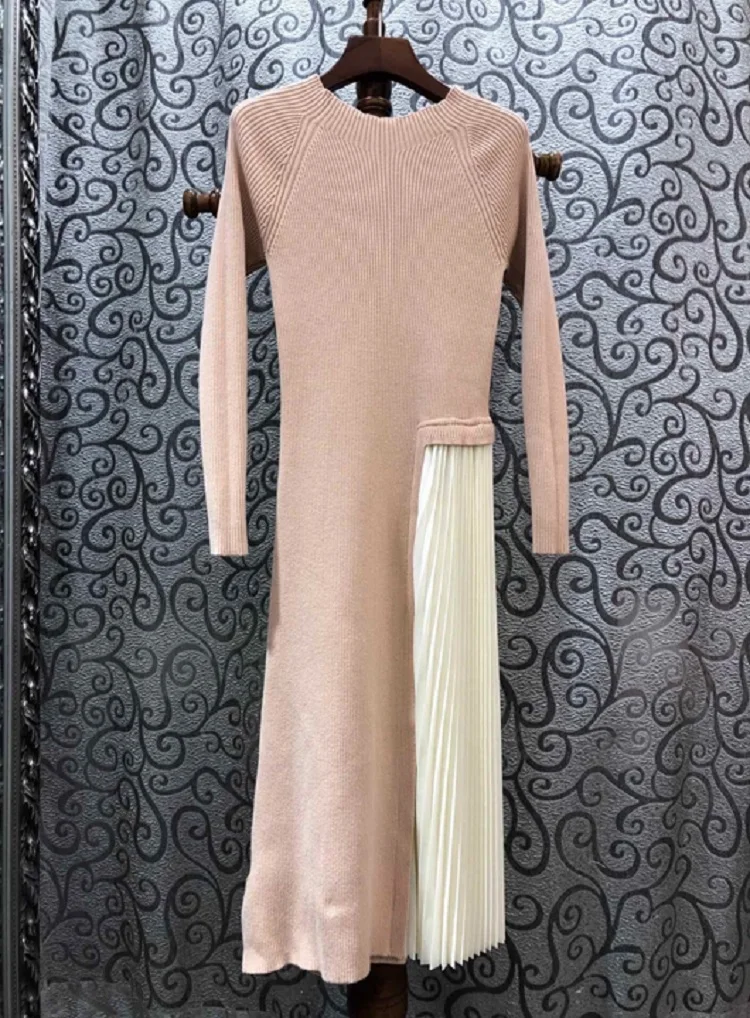 

High Quality Knitted Dress 2020 Spring Style Women Color Block Pleated Patchwork Long Sleeve Black Apricot Sweater Dress Casual