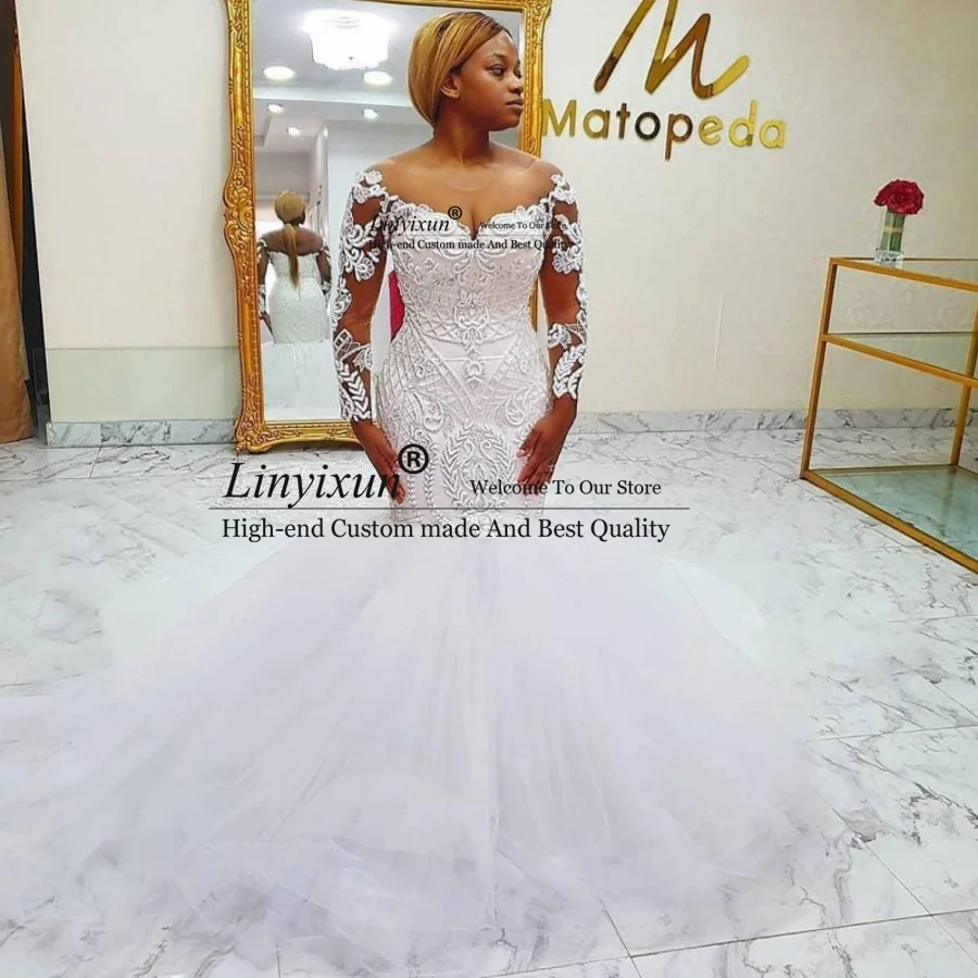 

Lace Mermaid Wedding Dresses Major Beaded Long Sleeves Sheer Scoop Neck Court Train Bridal Dress Plus Size vestidos de novia
